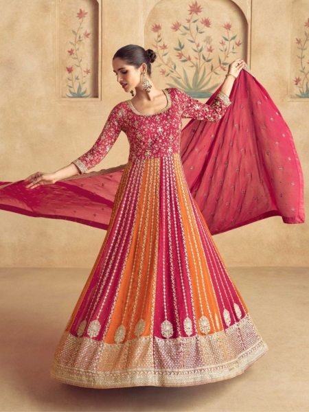 Pink   Orange  Color Aashirwad Creation Real Georgette Gown With Dupatta