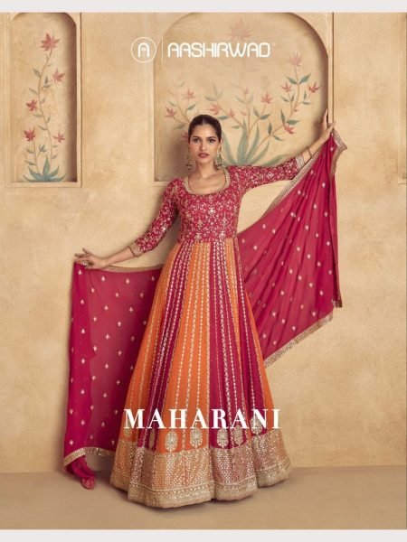 Pink   Orange  Color Aashirwad Creation Real Georgette Gown With Dupatta Anarakali Gown Wholesale
