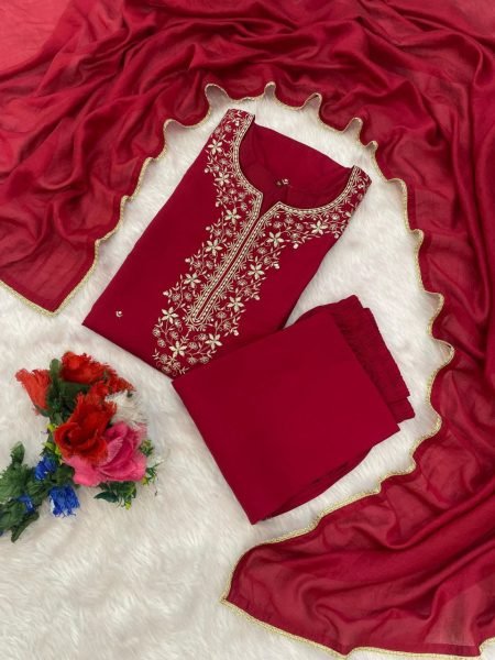 Pink Roman Silk Embroidery Kurta Pant Set with Chanderi Silk Dupatta for Celebration Wear 3 Piece Kurti Set