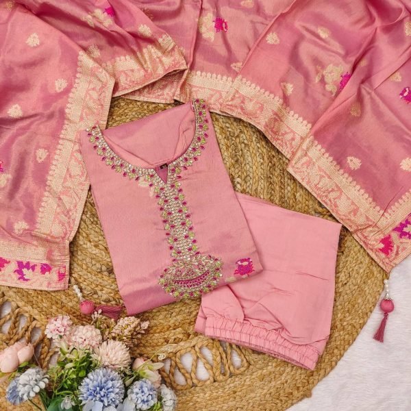 Pink Shimmer Jacquard Embroidery Kurta Set with Dupatta for Festival Offer 3 Piece Kurti Set