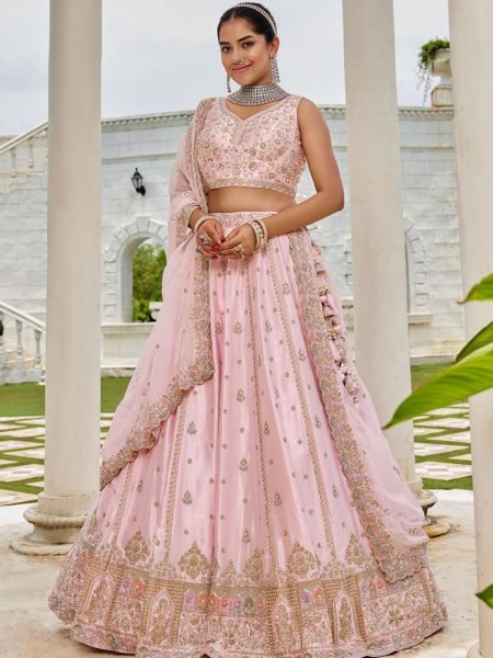 Pink Silk Bridal Lehenga Choli with Sequins and Thread Embroidery Luxury Look at Best Price Bridal Lehenga Choli