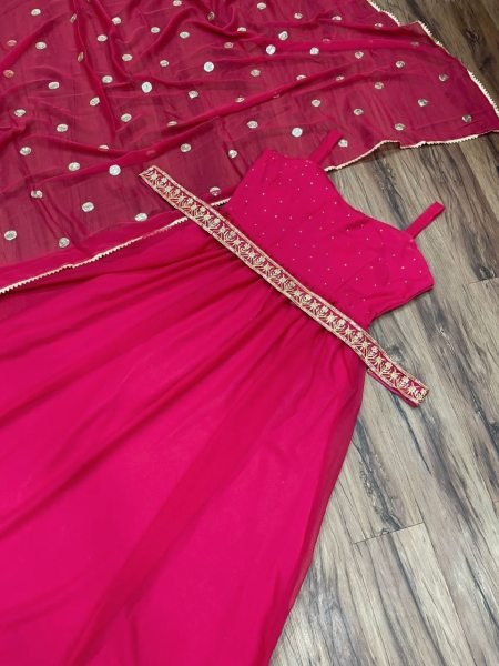 Pink Stylish Georgette Gown   Dupatta With Fancy Belt  Ready To Wear Collection