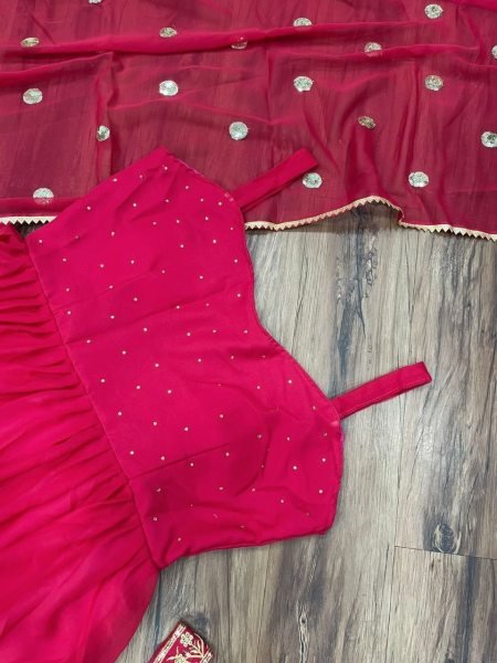 Pink Stylish Georgette Gown   Dupatta With Fancy Belt  Ready To Wear Collection