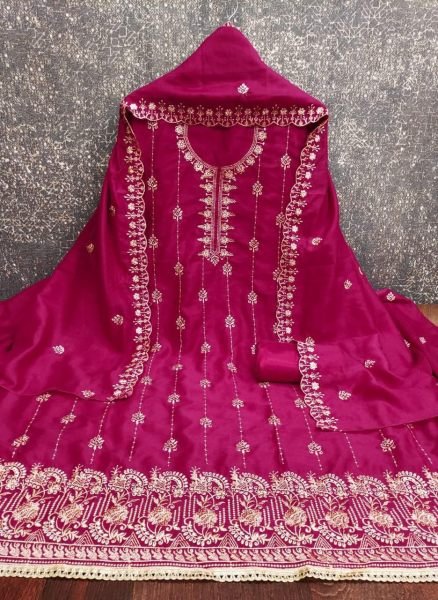 Pink Vichitra Silk Dress Material with Multi Embroidery and Santoon Bottom  Color Set Matching Dress Material Wholesale