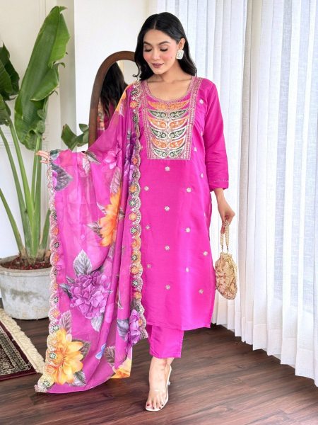 Pink Viscose Chanderi Kurti Pant With Tissue Sik Dupatta  Kurtis