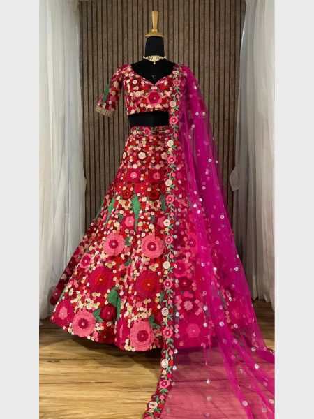 Pink Wedding Designer Velvet Lehenga Choli With Sequence  Work  Bridal Lehenga Choli