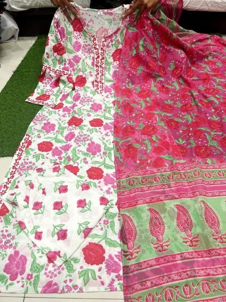 Pink   White Pure Cotton Printed Kurti Pant   Dupatta 3 Piece Kurti Set