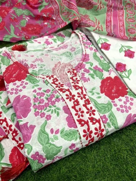 Pink   White Pure Cotton Printed Kurti Pant   Dupatta 3 Piece Kurti Set