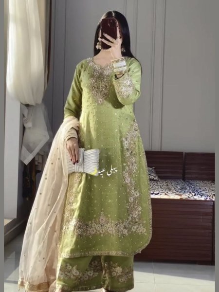 Pista Chinon Embroidered Suit with Plazzo    Dupatta Festive Special Set 