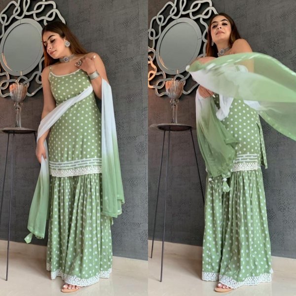 Pista Green Cotton Silk Printed Sharara Suit  Ready To Wear Collection