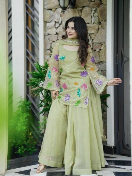 Pista Green Georgette Sharara Set with Floral Embroidery Perfect for Outdoor Parties 