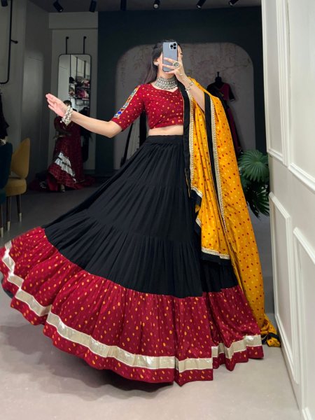  Plain And Bandhej Print Navratri Lehenga Choli  Navratri Lehnega Choli