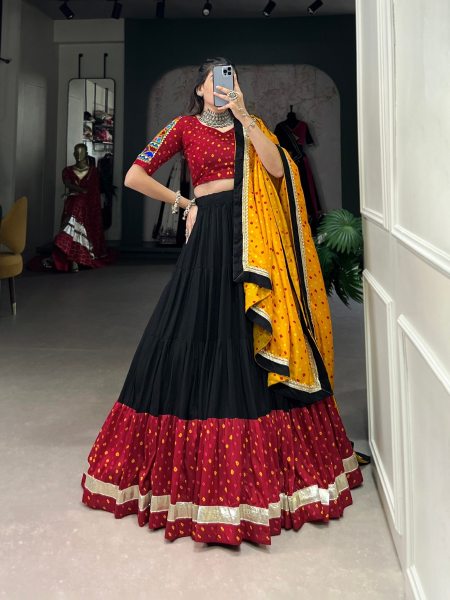  Plain And Bandhej Print Navratri Lehenga Choli  Navratri Lehnega Choli