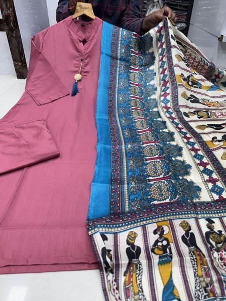 Plain Cotton Kurti bottom with Khadi Print Duppta Collection in wholesale rate  3 Piece Kurti Set