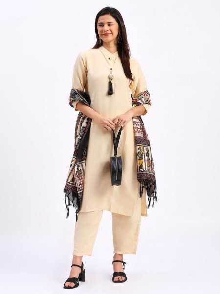 Plain Cotton Kurti bottom with Khadi Print Duppta Collection in wholesale rate  3 Piece Kurti Set