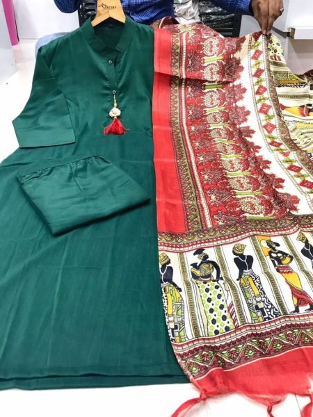 Plain Cotton Kurti bottom with Khadi Print Duppta Collection in wholesale rate  3 Piece Kurti Set