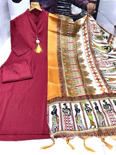 Plain Cotton Kurti bottom with Khadi Print Duppta Collection in wholesale rate  3 Piece Kurti Set