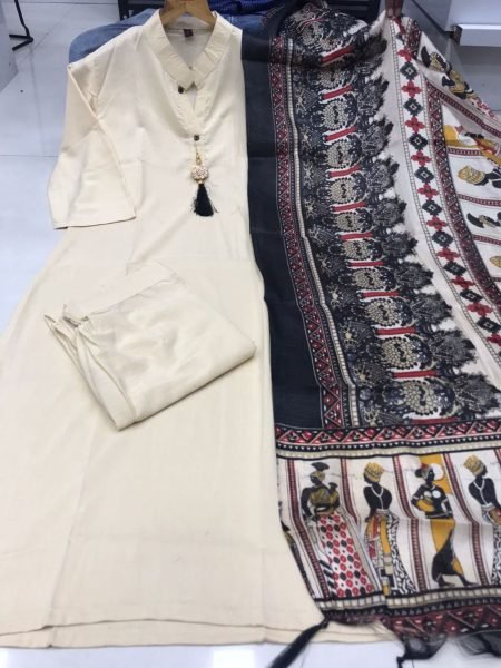 Plain Cotton Kurti bottom with Khadi Print Duppta Collection in wholesale rate  3 Piece Kurti Set