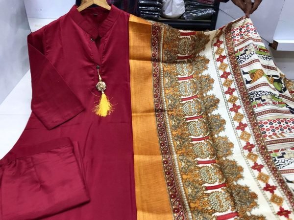 Plain Cotton Kurti bottom with Khadi Print Duppta Collection in wholesale rate  3 Piece Kurti Set