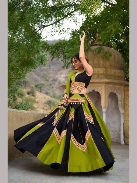 Plain With Gamthi Work Pure Cotton Navratri Lehenga Choli Navratri Lehnega Choli