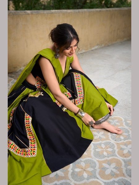 Plain With Gamthi Work Pure Cotton Navratri Lehenga Choli Navratri Lehnega Choli