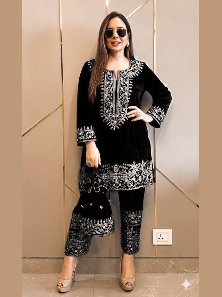 Playful Black Velvet Embroidery Co Ord Set with Zari Work Perfect for Winter Party Wear   Kurtis