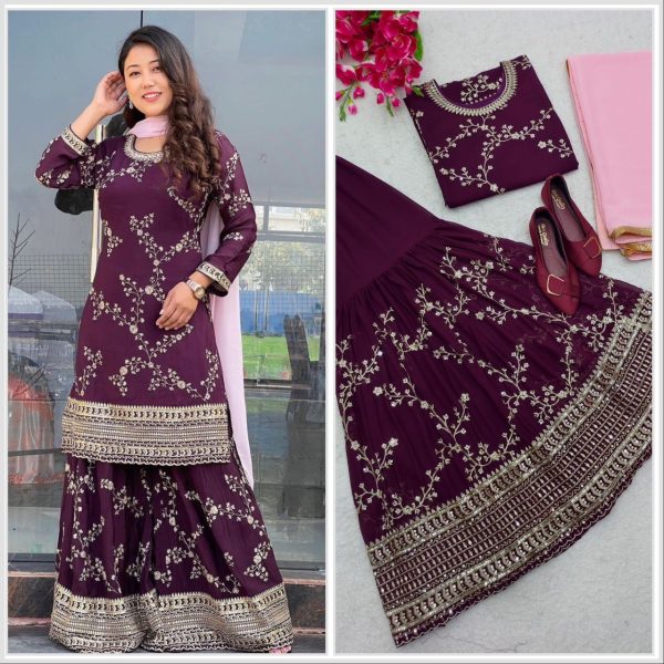 Plum Purple Fox Georgette Sharara Set 3 Piece Kurti Set