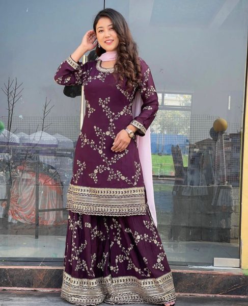 Plum Purple Fox Georgette Sharara Set 3 Piece Kurti Set