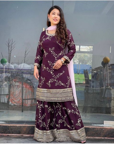 Plum Purple Fox Georgette Sharara Set 3 Piece Kurti Set