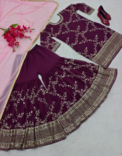 Plum Purple Fox Georgette Sharara Set 3 Piece Kurti Set