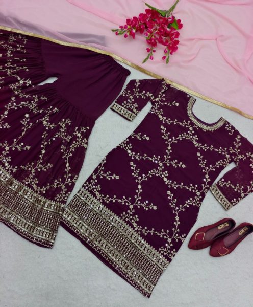 Plum Purple Fox Georgette Sharara Set 3 Piece Kurti Set