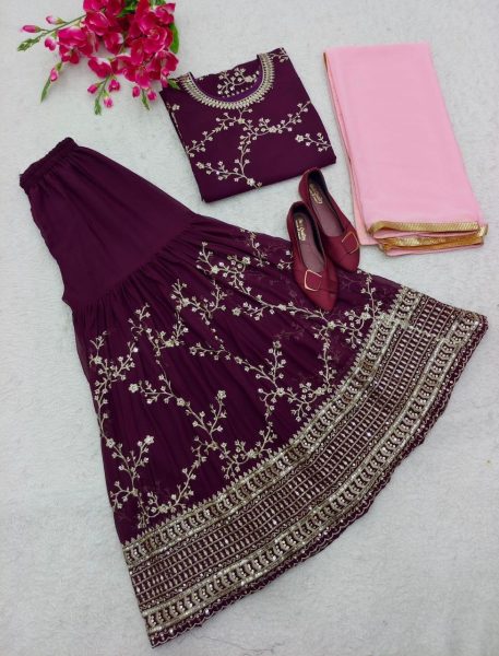 Plum Purple Fox Georgette Sharara Set 3 Piece Kurti Set