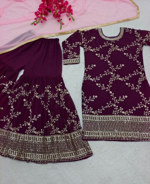 Plum Purple Fox Georgette Sharara Set 3 Piece Kurti Set