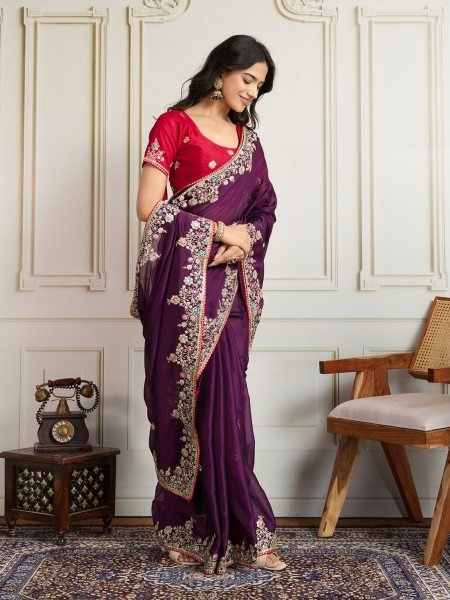Plum Purple Rangoli Silk Saree with Heavy Embroidery Work for Export Buyers Sarees 