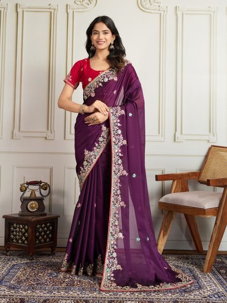 Plum Purple Rangoli Silk Saree with Heavy Embroidery Work for Export Buyers Embroidery Sarees Wholesale