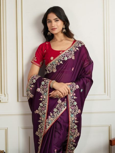 Plum Purple Rangoli Silk Saree with Heavy Embroidery Work for Export Buyers Embroidery Sarees Wholesale
