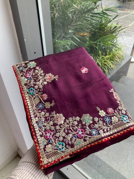 Plum Purple Rangoli Silk Saree with Heavy Embroidery Work for Export Buyers Embroidery Sarees Wholesale