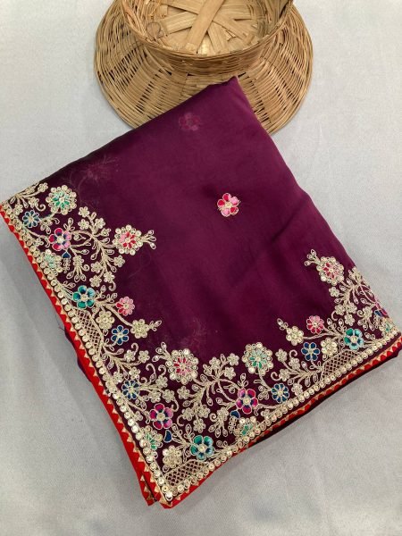Plum Purple Rangoli Silk Saree with Heavy Embroidery Work for Export Buyers Embroidery Sarees Wholesale