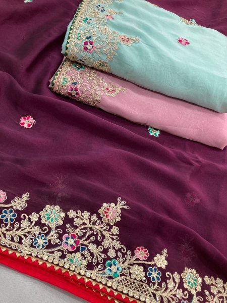 Plum Purple Rangoli Silk Saree with Heavy Embroidery Work for Export Buyers Embroidery Sarees Wholesale