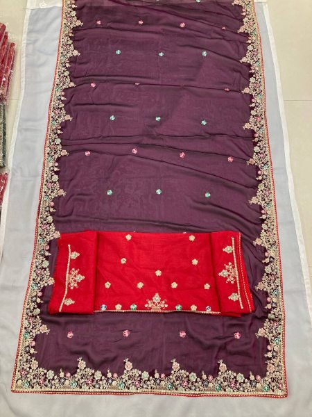 Plum Purple Rangoli Silk Saree with Heavy Embroidery Work for Export Buyers Embroidery Sarees Wholesale