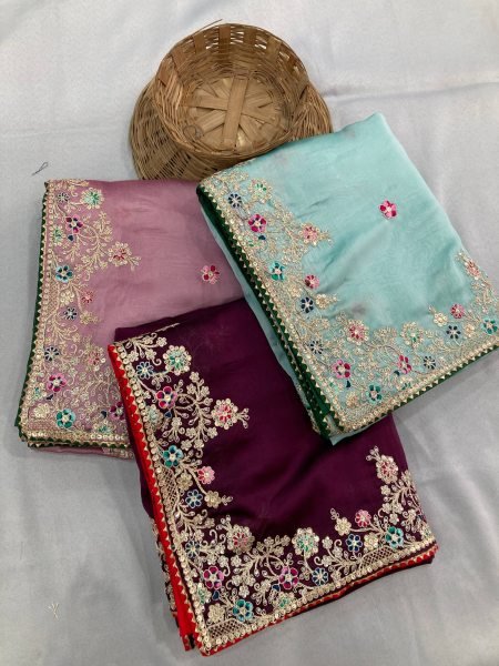 Plum Purple Rangoli Silk Saree with Heavy Embroidery Work for Export Buyers Embroidery Sarees Wholesale