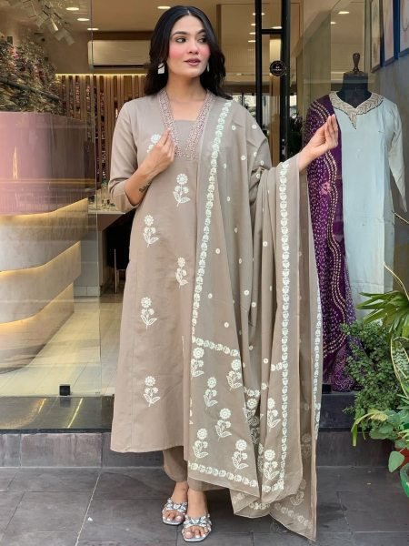 Polished Light Brown Color 3 Piece Cotton Anarkali Kurta Pant with with Malmal Dupatta at manufacturer rates Cotton Kurtis Wholesale