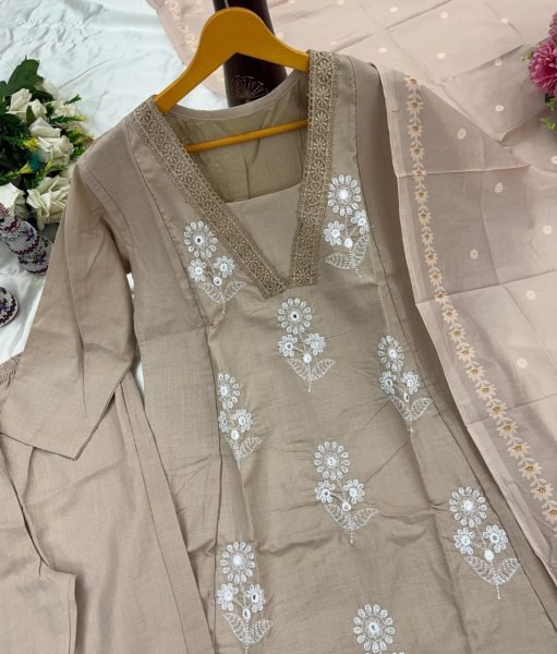 Polished Light Brown Color 3 Piece Cotton Anarkali Kurta Pant with with Malmal Dupatta at manufacturer rates Anarkali Kurtis 