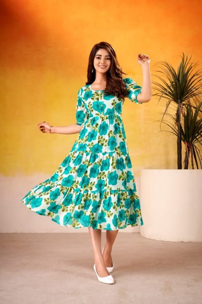 Polished Sky Blue  Floral Printed Vichitra Silk Frock with 5 Meter Flair for Party Wear Printed Kurtis