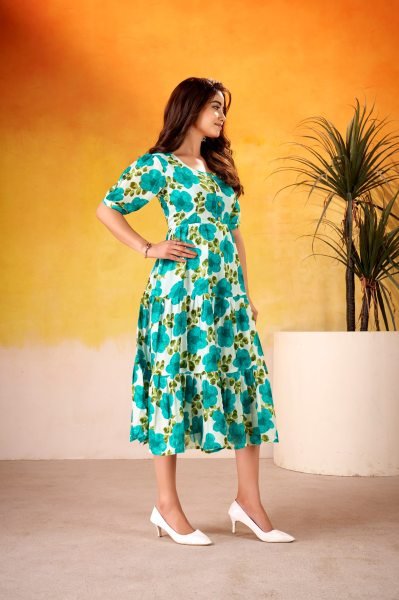 Polished Sky Blue  Floral Printed Vichitra Silk Frock with 5 Meter Flair for Party Wear Printed Kurtis