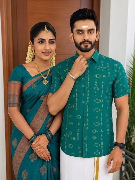 Pongal Collection for Men Women Combo Saree  Shirt   Dhoti Set Sarees 