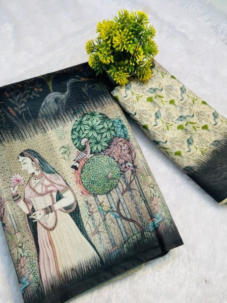 Popular Bamboo Silk Saree with Exact Original Border &  Pichwai Painting Wholesale Collection by Top Textile Manufacturer Printed Cotton Sarees Wholesale