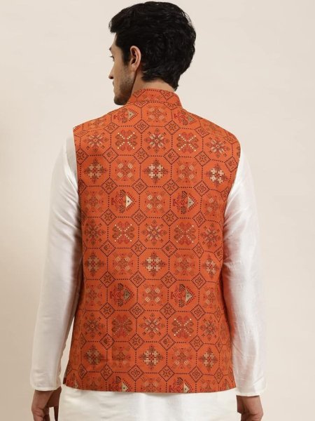 Popular Mens Cotton Linen Orange Printed Kurta & Jacket Set Full 3 Piece Ready Collection Wholesale Offer 2025 Collection Kurta Pajama Wholesale