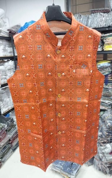 Popular Mens Cotton Linen Orange Printed Kurta & Jacket Set Full 3 Piece Ready Collection Wholesale Offer 2025 Collection Kurta Pajama Wholesale