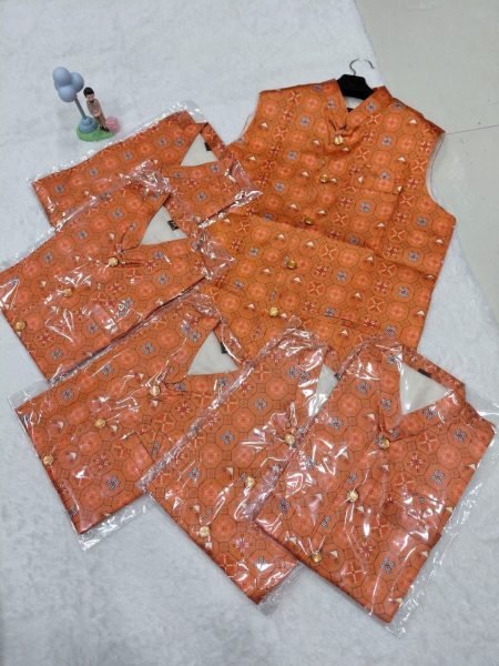 Popular Mens Cotton Linen Orange Printed Kurta & Jacket Set Full 3 Piece Ready Collection Wholesale Offer 2025 Collection Kurta Pajama Wholesale